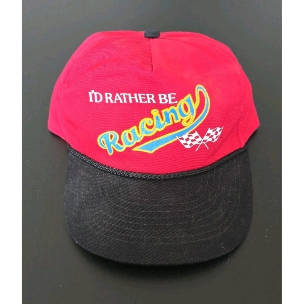 VTG 80s 90s "I'd Rather Be Drag Racing" SnapBack Hat Novelty Baseball‎ Cap Rope